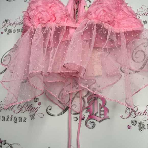 Kimchi blue tank top crop top pink mesh floral rose bust open keyhole back NWT - Picture 7 of 9